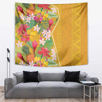 Yellow tropical flowers tapestry with floral panel and geometric pattern on the right