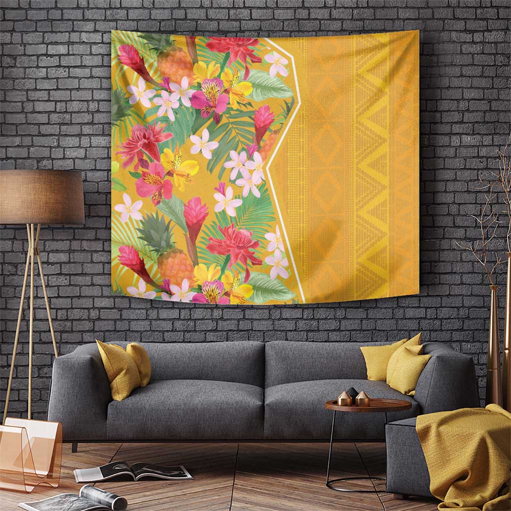 Yellow tropical flowers wall tapestry with floral left panel and textured geometric right