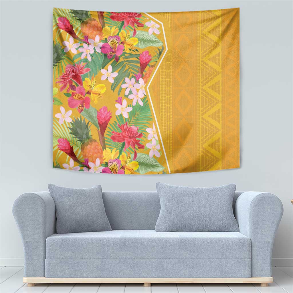 Yellow floral tapestry with lush tropical blossoms on left and patterned geometric right panel