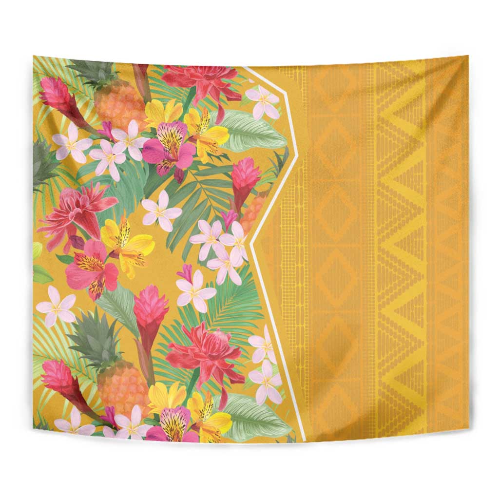 Yellow tropical flowers tapestry corner view with floral center panel and geometric pattern