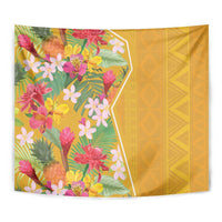 Yellow tropical flowers tapestry corner view with floral center panel and geometric pattern