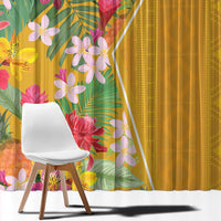 Tropical floral window curtain panel with multicolor flowers and leaves beside yellow panel