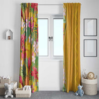Full window curtain set: tropical floral panel and patterned mustard yellow panel