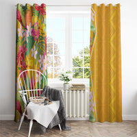 Window curtain pair: colorful tropical floral left panel, solid mustard yellow right panel