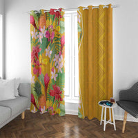 Window curtains on hooks: tropical floral panel left and mustard yellow panel right