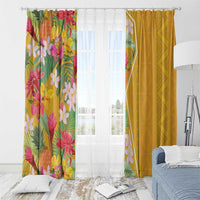 Window curtain set with tropical floral left panel and mustard yellow right panel