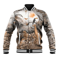 Unisex grey safari animal graphic baseball jacket with snap front and striped cuffs