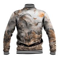 Unisex grey safari animal graphic baseball jacket, back view with striped rib hem
