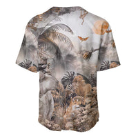 Light grey baseball jersey back with jungle animals, palms, and orange sun graphic
