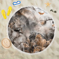 Round grey safari animal beach blanket with tassel fringe and wildlife print