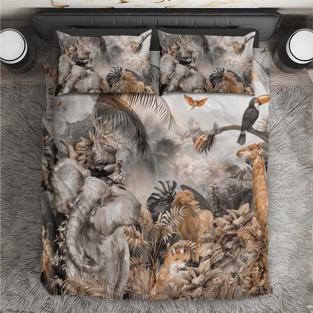 Grey Africa safari animal bedding set with elephant, lion, zebras and birds on duvet and pillows