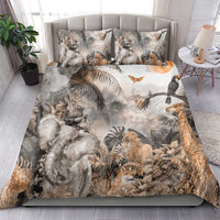 Grey safari animal duvet and matching pillowcases featuring elephant, zebra, lion and birds