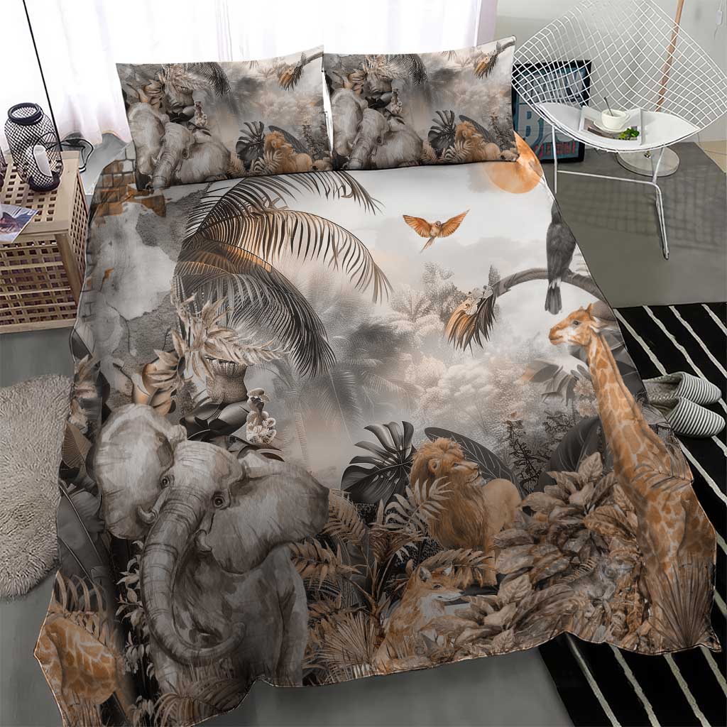 Grey jungle safari bedding set with printed elephant, zebra, lion and birds across duvet