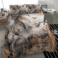 Grey jungle safari bedding set with printed elephant, zebra, lion and birds across duvet