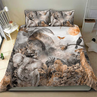 Grey safari animal bedding set with duvet and two pillows showing elephant, lion, zebra and birds