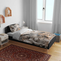 Grey safari animal duvet on bed with two pillowcases featuring elephant, zebra and birds
