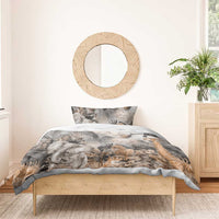 Grey safari animal bedding set with duvet and pillow featuring elephant, zebra, lion and birds