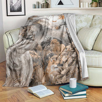 Grey safari animal throw blanket with elephants, lions, birds and tropical leaves pattern