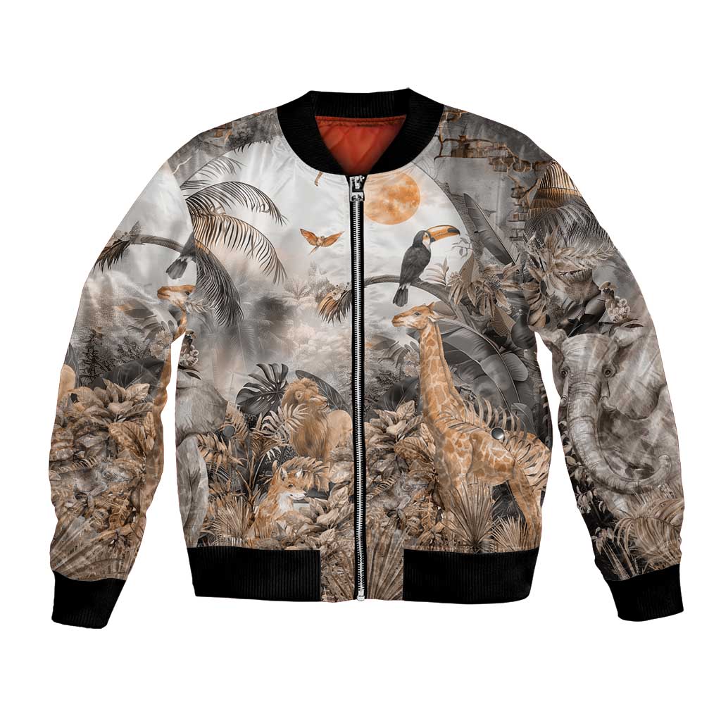 Grey bomber jacket with front zipper and African safari animal print, ribbed cuffs