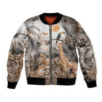 Grey bomber jacket with front zipper and African safari animal print, ribbed cuffs