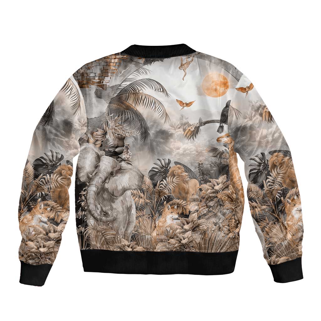 Grey bomber jacket back with large African safari animal scene print and ribbed hem