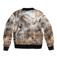 Grey bomber jacket back with large African safari animal scene print and ribbed hem