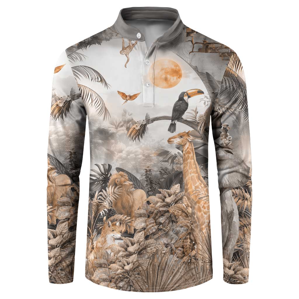 Grey safari button sweatshirt, long sleeves, collared henley with animal print