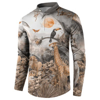 Grey safari button sweatshirt, side view; long sleeves and henley collar, animal print