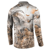 Grey safari button sweatshirt back view, long sleeves, henley collar, wildlife scene print