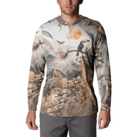 Grey safari button sweatshirt on model, long sleeves, collared henley, animal print