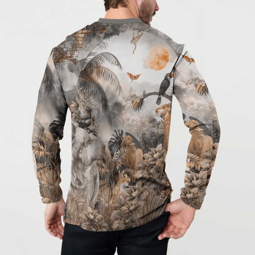 Grey safari button sweatshirt on model, back view, long sleeves, wildlife animal print