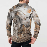 Grey safari button sweatshirt on model, back view, long sleeves, wildlife animal print
