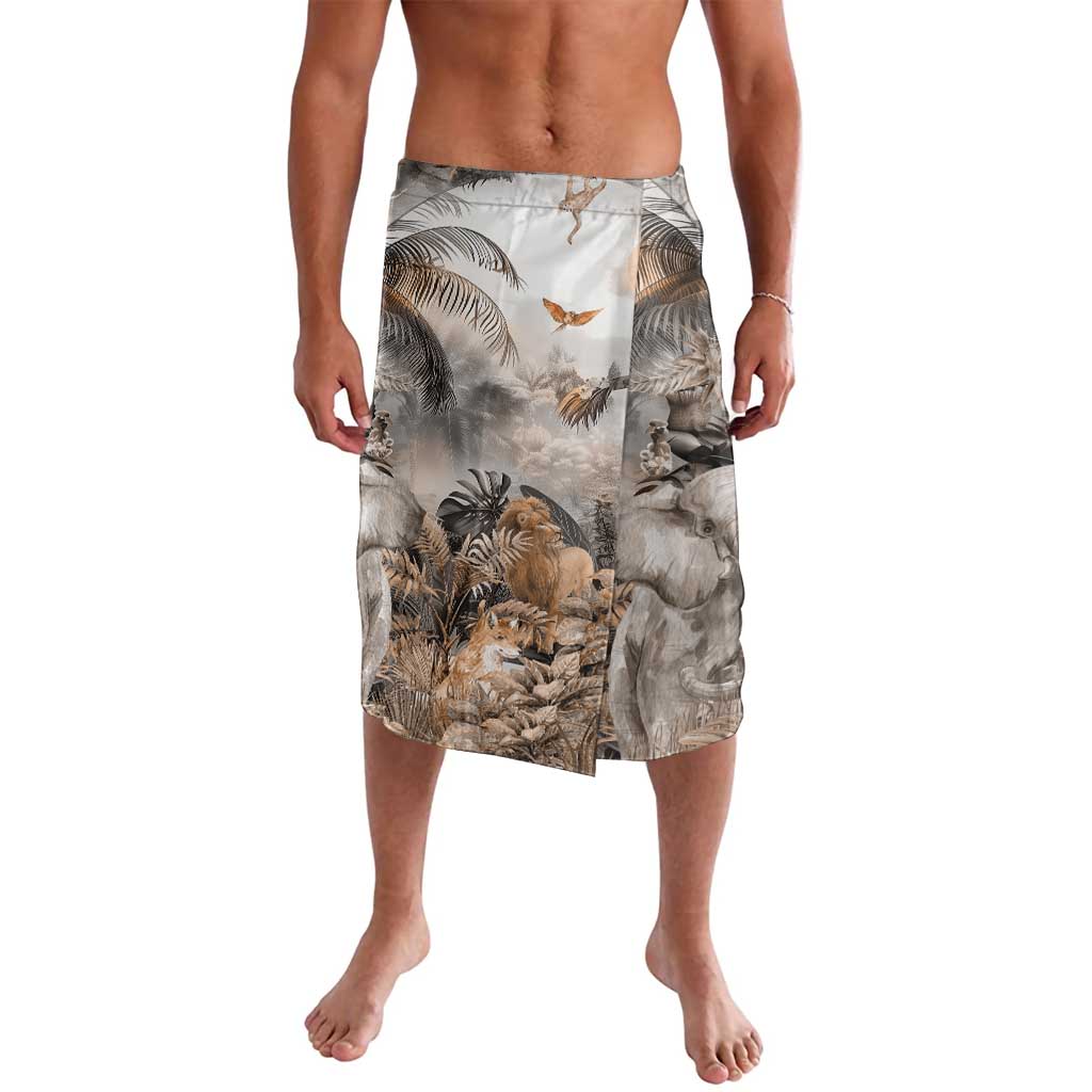 Knee-length safari animal print shorts with grey and tan accents
