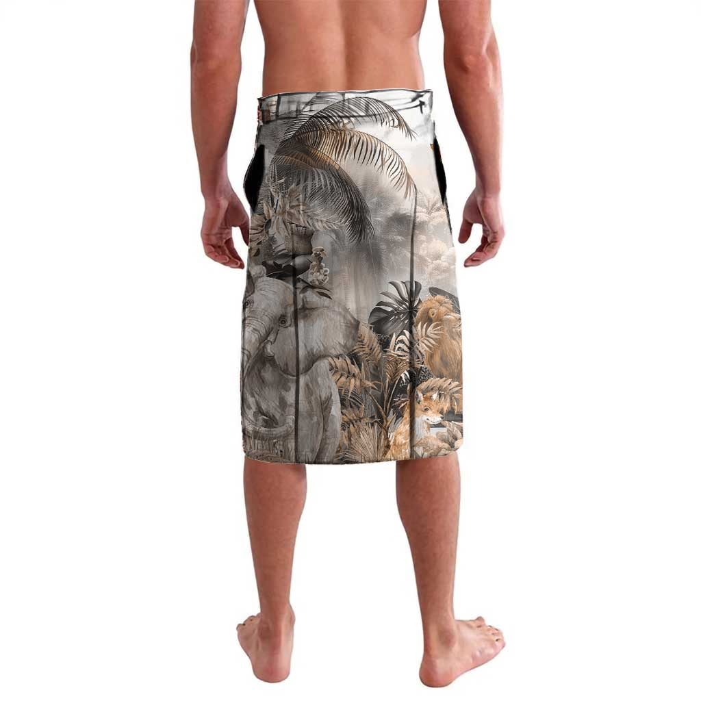 Knee-length shorts with large jungle animal and foliage print, grey base