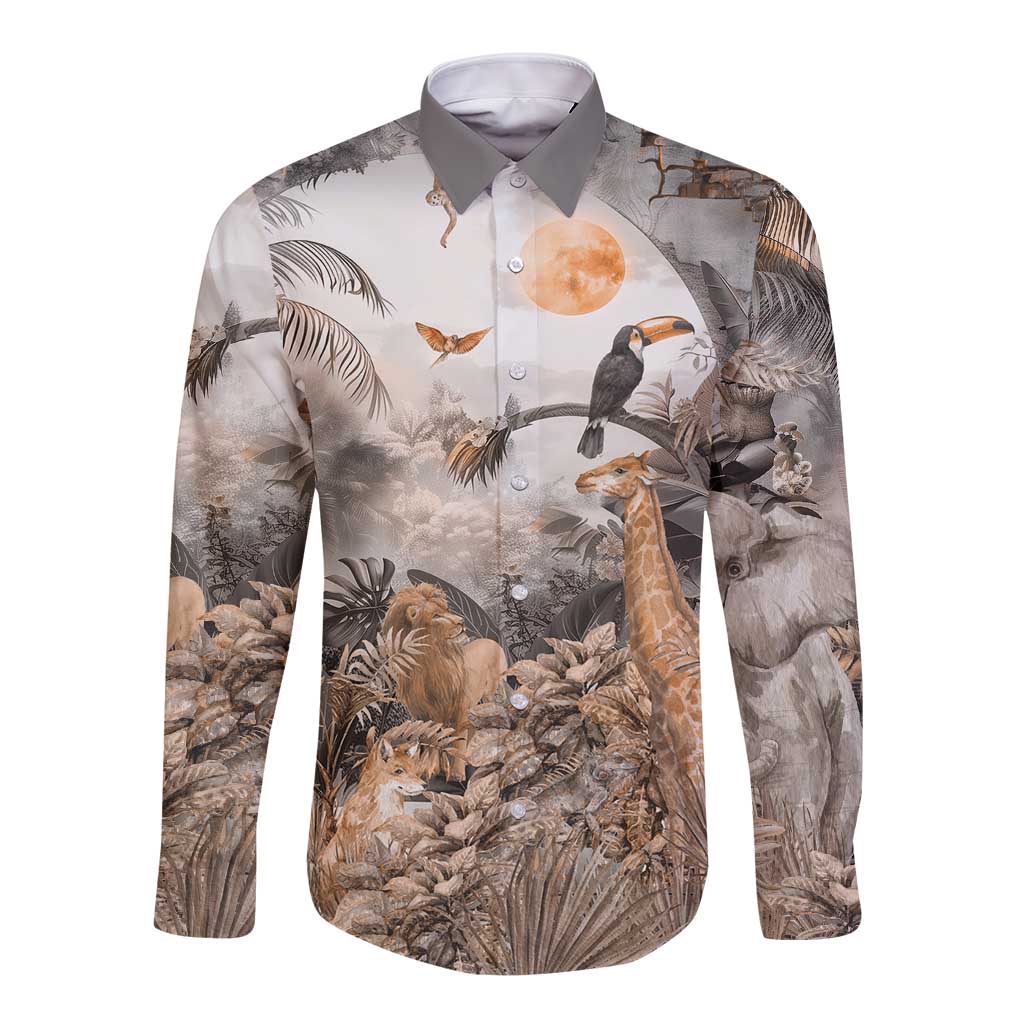 Unisex long sleeve button shirt in grey with jungle safari animal print
