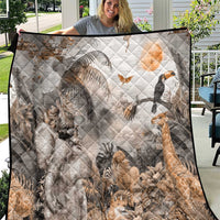 Grey safari animal quilt featuring lion, giraffe, and birds on a quilted diamond pattern