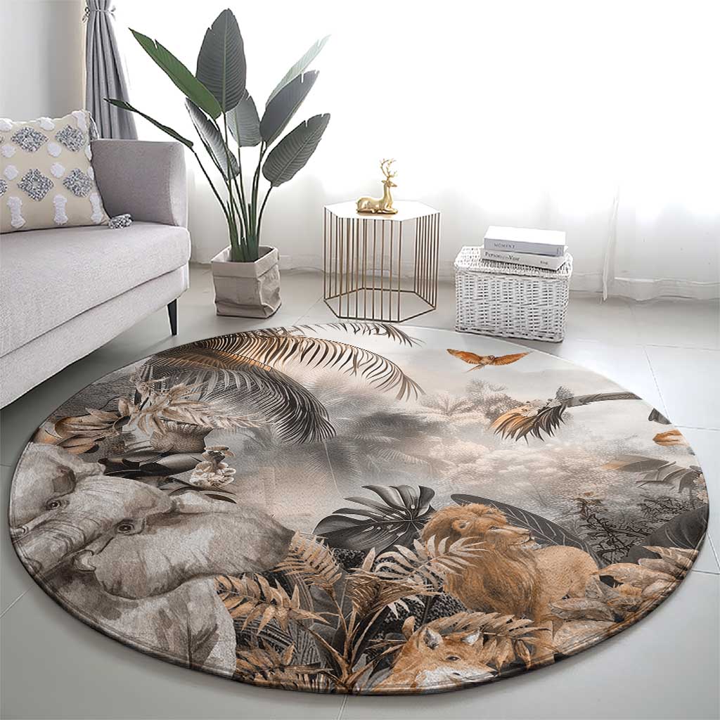 Grey round safari animals carpet with detailed elephants, lion, birds, and jungle foliage