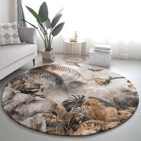 Grey round safari animals carpet with detailed elephants, lion, birds, and jungle foliage