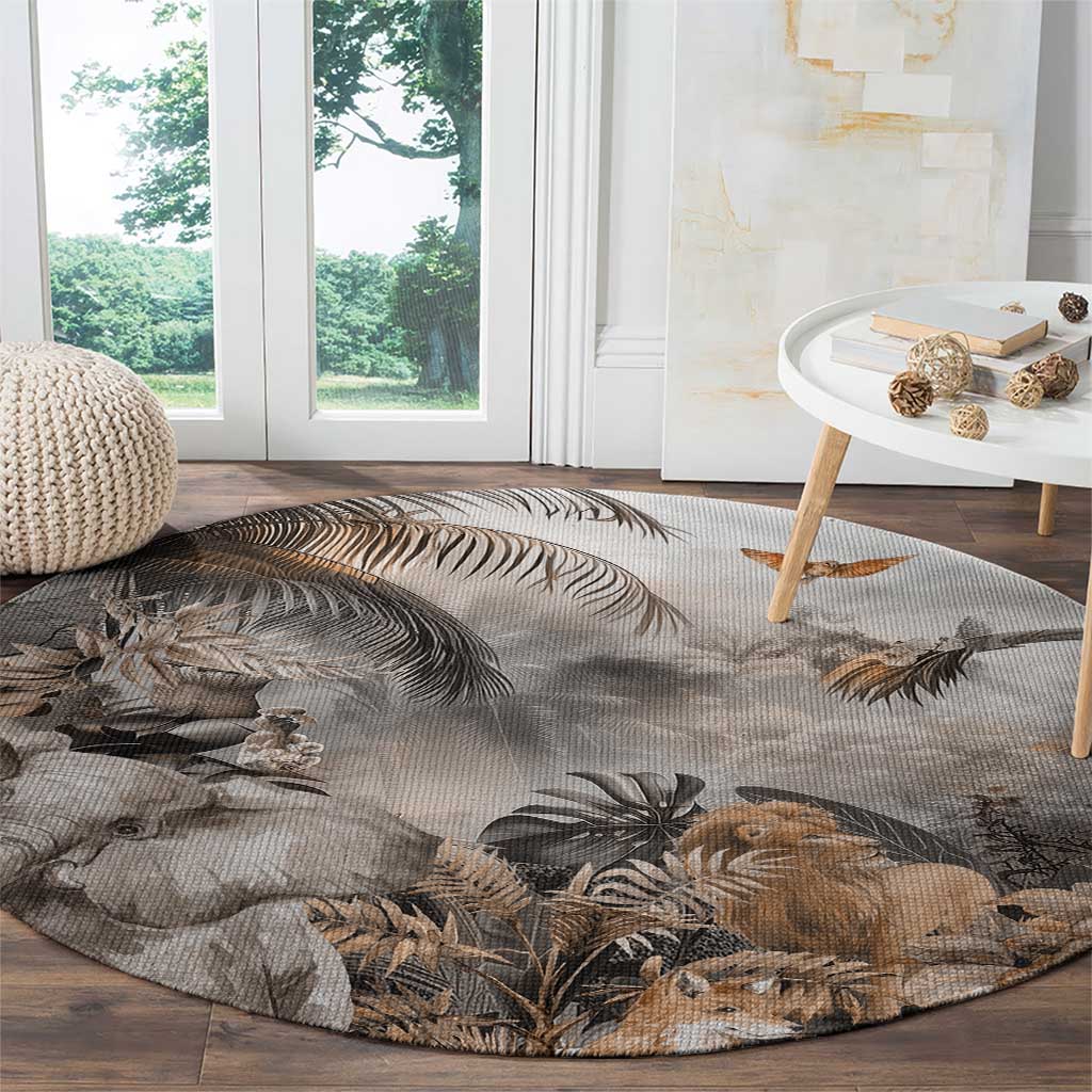 Grey round safari animal carpet with elephants, lion, birds, and tropical leaves pattern