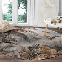 Grey round safari animal carpet with elephants, lion, birds, and tropical leaves pattern