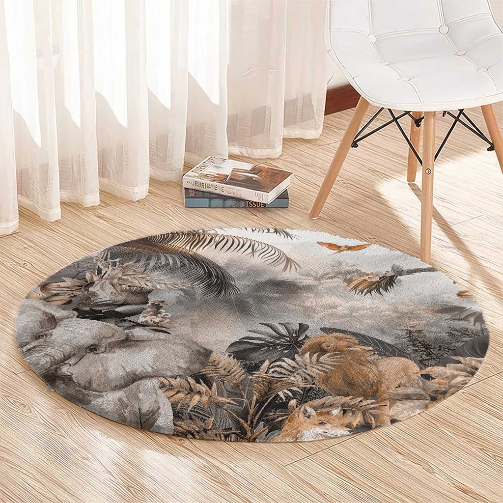 Grey round safari animals carpet with large print of elephants, lion, birds, and foliage