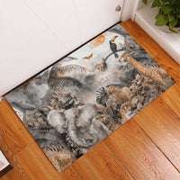Grey rubber doormat with safari animals print, shown in a corner entryway