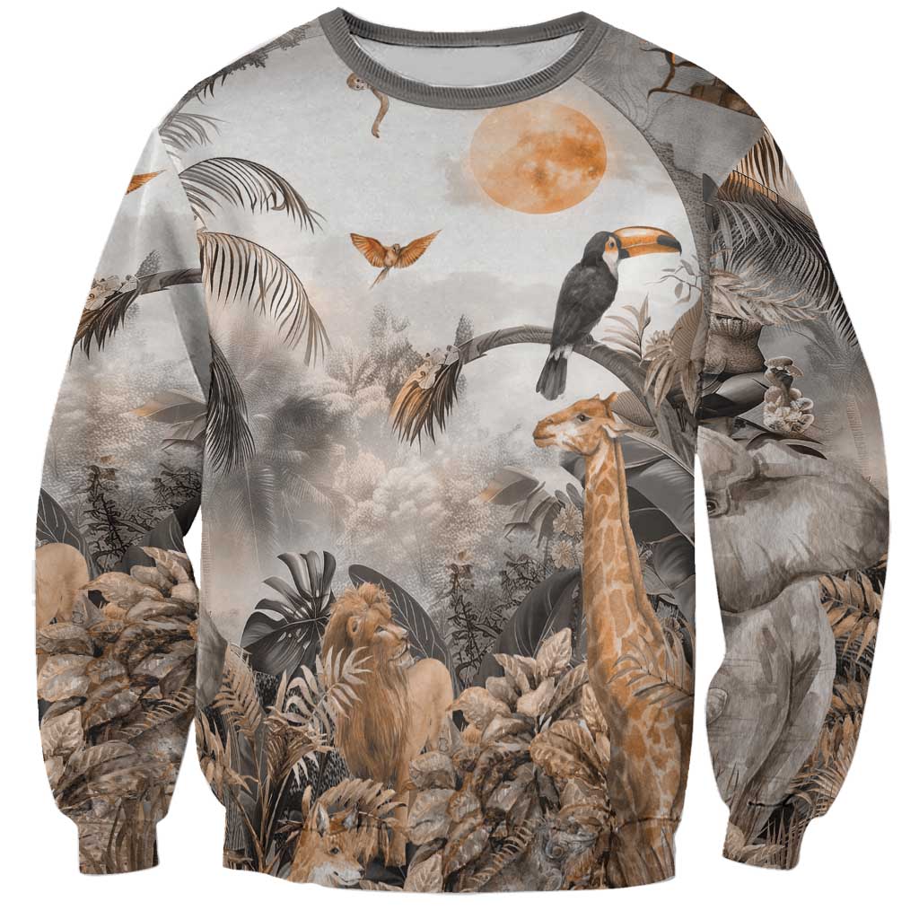 Grey unisex sweatshirt with jungle animals graphic, toucan and giraffe front