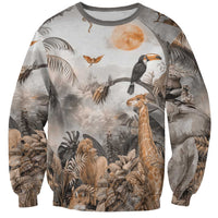 Grey unisex sweatshirt with jungle animals graphic, toucan and giraffe front