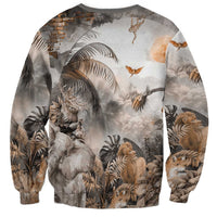 Grey unisex sweatshirt with safari collage print, lion, zebra and parrots