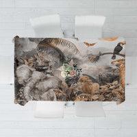 Grey safari animal tablecloth with elephants, giraffes, birds and jungle leaves