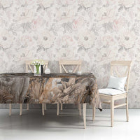 Grey safari animal tablecloth with elephants, giraffes and layered jungle foliage