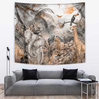 Africa safari animals tapestry in grey and tan with elephant, giraffe, and birds