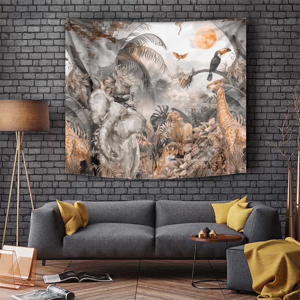 Africa safari animals tapestry showing elephant, lion, giraffe, and flying birds over moon