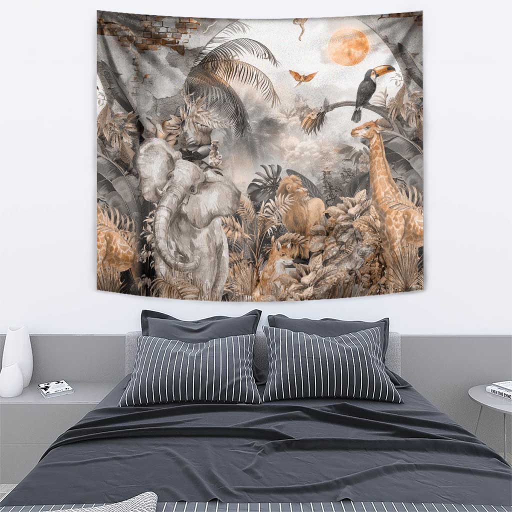 Africa safari animals tapestry with lion, elephant, giraffe, and birds in misty grey